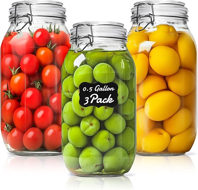 ComSaf Large Glass Jars with Lid 0.5 Gallon, Large Mason Jars Set of 3, Glass Canisters with Airtight Lids, Half Gallon Canning Jar with Seal Wire Clip Fastening for Kitchen, Pickle, Flour, Sugar