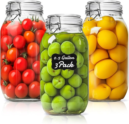 ComSaf Large Glass Jars with Lid 0.5 Gallon, Large Mason Jars Set of 3, Glass Canisters with Airtight Lids, Half Gallon Canning Jar with Seal Wire Clip Fastening for Kitchen, Pickle, Flour, Sugar
