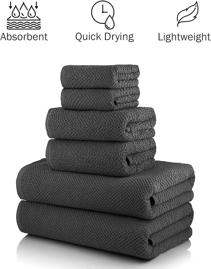 CASA COPENHAGEN Popcorn Textured 6 Pieces Towel Set- Pine Grey, 550 GSM 2 Bath Towel 2 Hand Towel 2 Washcloth, Rough & Tough Use Cotton Towels Gift Set for Bathroom