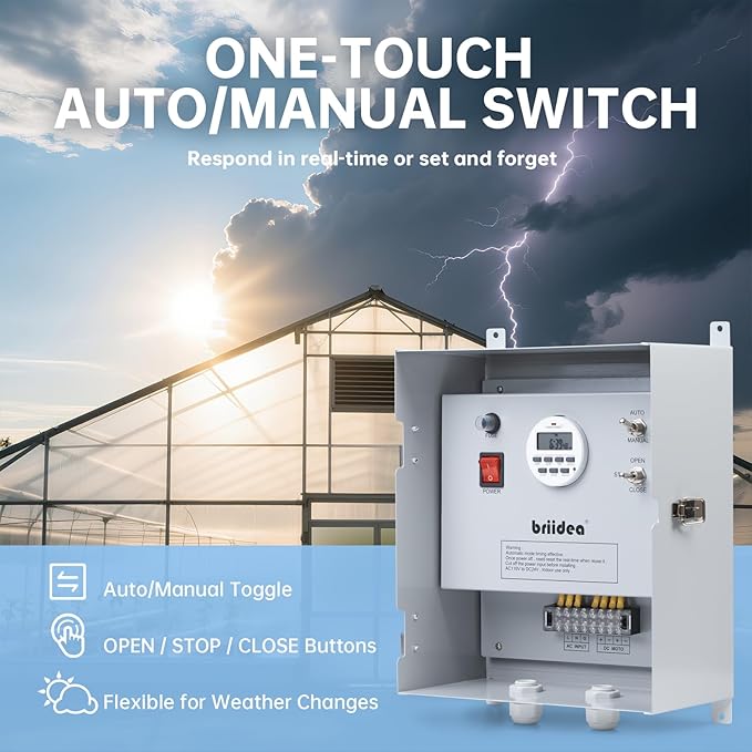 Briidea Greenhouse Roll Up Motor Timer Controller, 7-Day Programmable, AC110V to DC24V Transformer, Auto/Manual Modes, Dual Output for Side & Roof Curtain Film Roll-Up, IP65 Waterproof