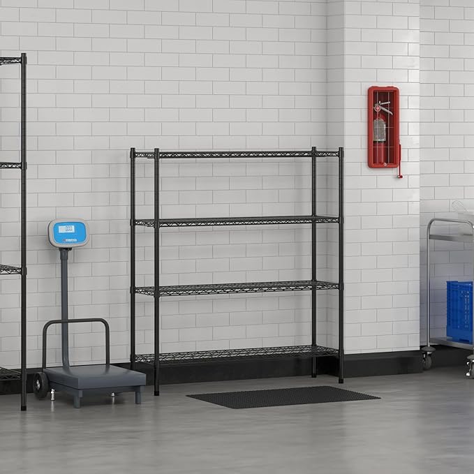 Commercial NSF Listed Black Epoxy Stationary Wire Shelving Kit 14" x 48" x 54", with 4 Shelves Perfect for Warehouse, Walk-in Refrigerator, Freezer, Grocery Store, Restaurant, Dishroom