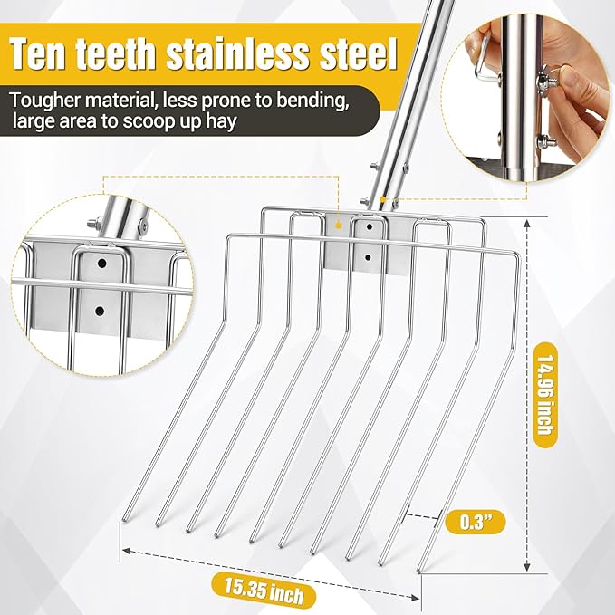 Pitchfork for Gardening, 50" Multifunctional Stainless Steel Garden Pitchfork with Handle, Suitable for Shoveling, Fertilizing, Transplanting, Mulching Garden Fork - 10 Tines