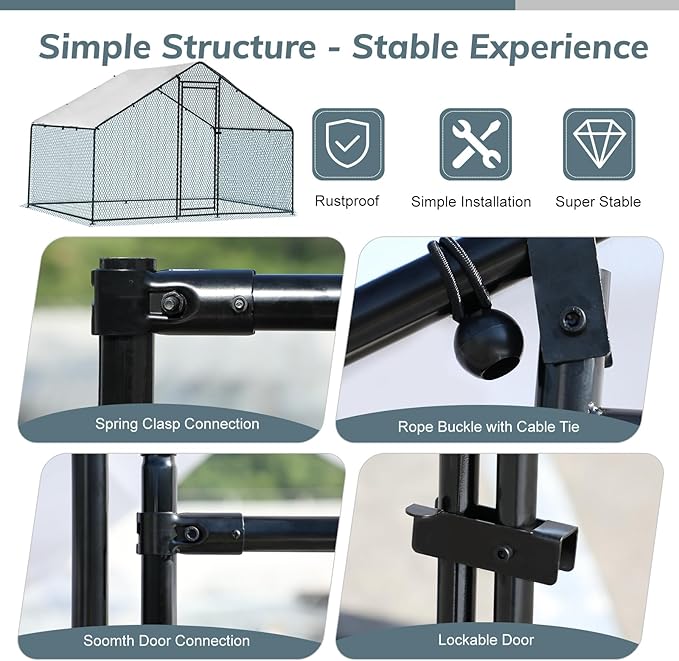 VINGLI Chicken Coop, Large Metal Poultry Cage for Chicken Run, Walk-in Chicken Pen with Waterproof & Anti-UV Cover Outdoor (Black-Spire Roof, 6.5 * 9.8 * 6.5 ft)