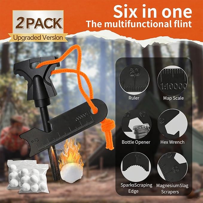 Magnesium Fire Starter with Striker, High Temp Magnesium Rod, Ferro Rod Fire Starter Survival Tool with Waterproof Tinder and Steel Fire Striker for Camping, Hiking and Emergency
