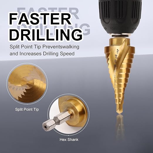 COMOWARE 3PCS Titanium HSS Step Drill Bit Set with 1/4" Hex Shank, Automatic Center Punch, Two-Flute Impact Design, Ideal for Metal, Stainless Steel, Wood, Plastic