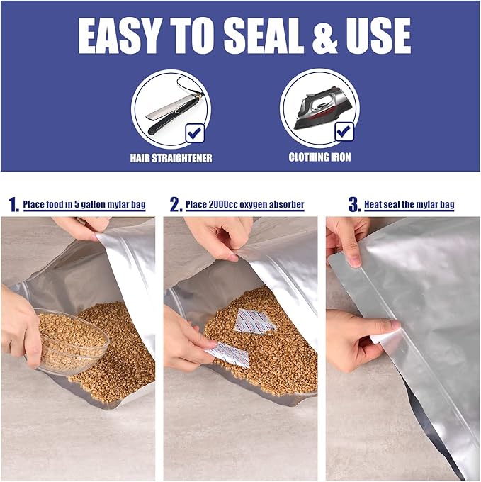 15 Pcs 5 Gallon Mylar Bags for Food Storage, 10.5 Mil Mylar Bags with Oxygen Absorbers 2000cc (15 Single Sealed), Stand-Up Zipper Resealable Bags & Heat Sealable Food Storage Bags + Labels