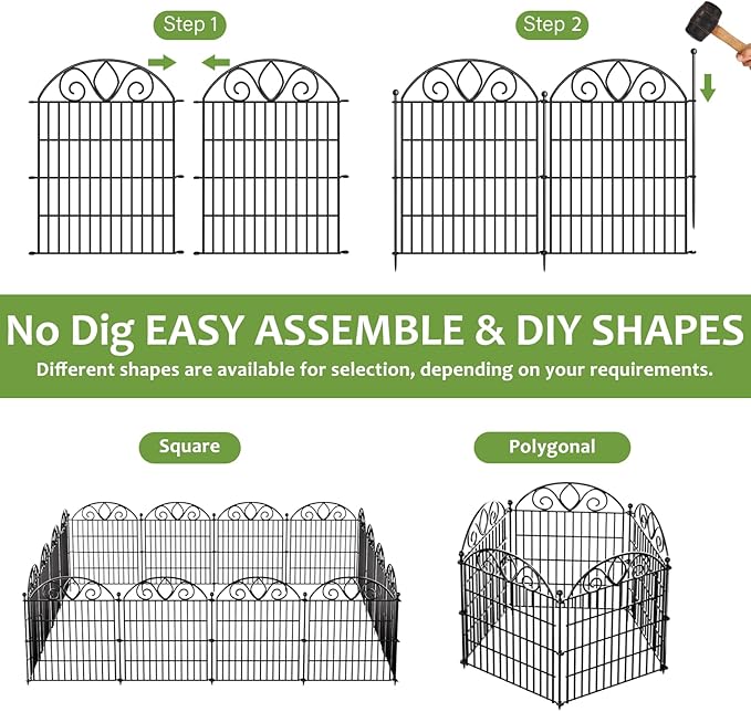 5 Panels No Dig Decorative Garden Fence with Gate – 28" H X 9.8' L Rustproof Metal Dog Fence Outdoor for Yard, Animal Barrier Fence for Pet, Garden Border, Patio, Flower | Temporary Fencing