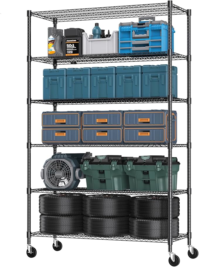 Himimi 82" H Storage Shelves 6 Tier Metal Shelving Adjustable Wire Shelf with Wheels, Heavy Duty Shelving for Garage Kitchen Pantry Bathroom Laundry,18" D*48" W*82" H, Black