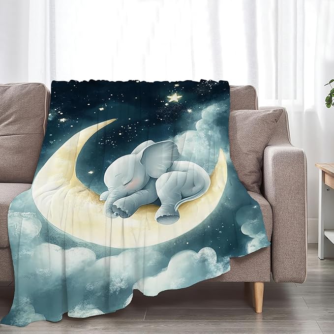 Elephant Throw Blanket - Ultra Soft Cozy Cute Moon Design - Fleece Fuzzy Plush Decor Gifts for Women Girls Adults - Couch Sofa 50"x40"