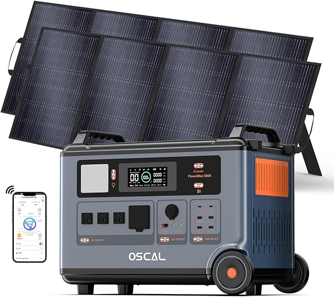 OSCAL PowerMax 6000 Solar Generator with 2x400W Solar Panel, 120V/240V Split Phase Voltage 6000W AC Outlets (9000W Peak), 2200W AC Charging/2400W PV Charging for Home, Emergency, Bank Battery Backup