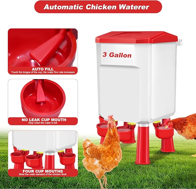Chicken Feeder and Waterer with Set 3 Gallon/26.4 Pounds, Automatic Chick Feeder and Waterer Set No Waste, Poultry Feeder Large for Hens/Ducks/Poultry(Red