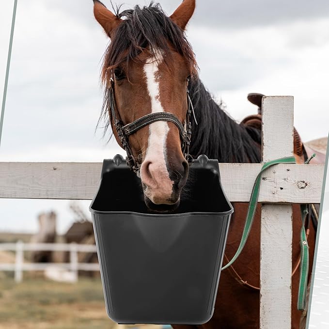 Marsui 4 Pack 15 Quart Horse Feeders for Stall Hook Over Hanging Fence Hay Feeder Mountable Livestock Plastic Feed Bucket for Farm Stalls Pasture, Stable to Feed Horses Sheep Cattle Cows Etc(Black)