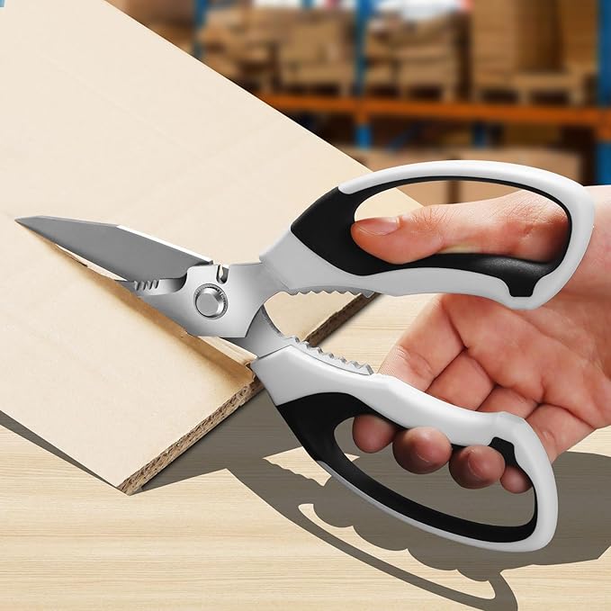 8-Inch Utility Scissors All Purpose Heavy Duty, Serrated Blade, White Comfort Grip for Cutting Carpet, Cardboard, Leather, Fabric, Multipurpose Sharp Shears for Kitchen, Garden, Office, Carft