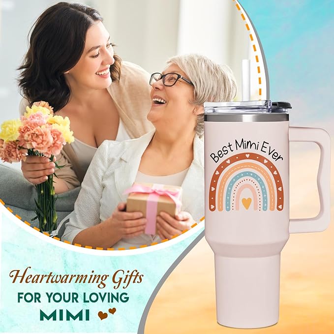 Best Mimi Ever Gifts - Mimi Gifts from Grandchildren - Mothers Day, Christmas, Birthday Gift for Grandma - 40Oz Tumbler with Handle for New Grandma