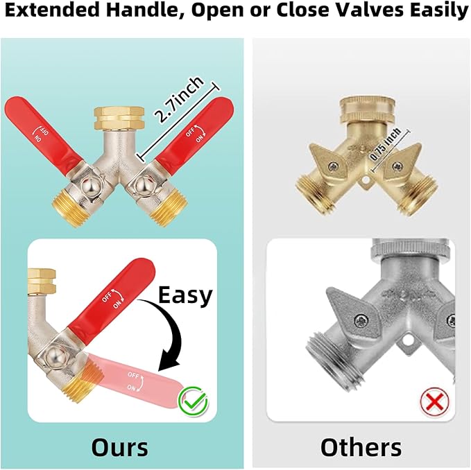 Hose Splitter 2 Way, High Flow Garden Hose Splitter, 3/4” Ght Inlet Brass Heavy Duty Hose Converter, Full Flow water 2 Way Faucet hose splitter, Long Handle Hose Valve Large Outlet.