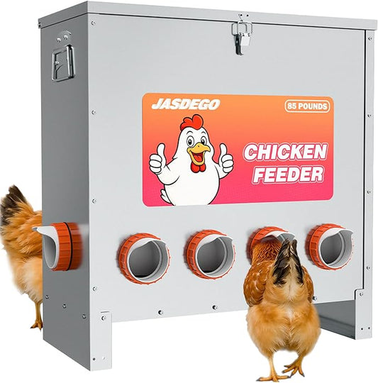 Metal Chicken Feeder No Waste 10 Ports Automatic Poultry Feeder Large Capacity 85 Pounds with Latch & Handle for Chickens Bantams Pheasants Poultry Coop Weatherproof