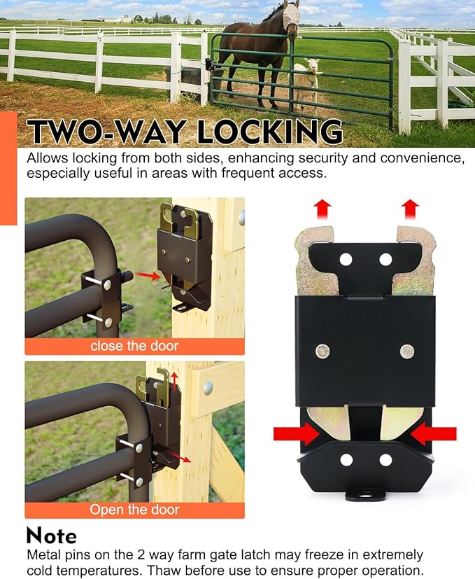 2 Way Farm Gate Latch, Heavy-Duty Lockable Fence Latch with Self-Locking Nut, Black Livestock Gate Latch Compatible with Pastures, Stables, Ranches, Horse Corrals,Farms