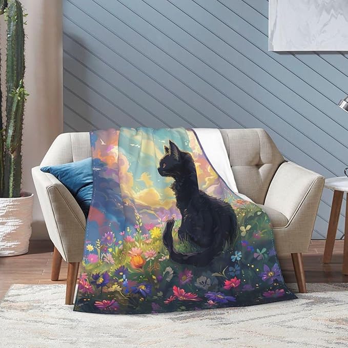 Cute Black Cat Throw Blanket Anime Cat Flannel Blankets Wild Landscape Fuzzy Plush Super Soft Cozy Warm Decor Gifts for Boys Girls Kids Adults Men Women 60" x 80"