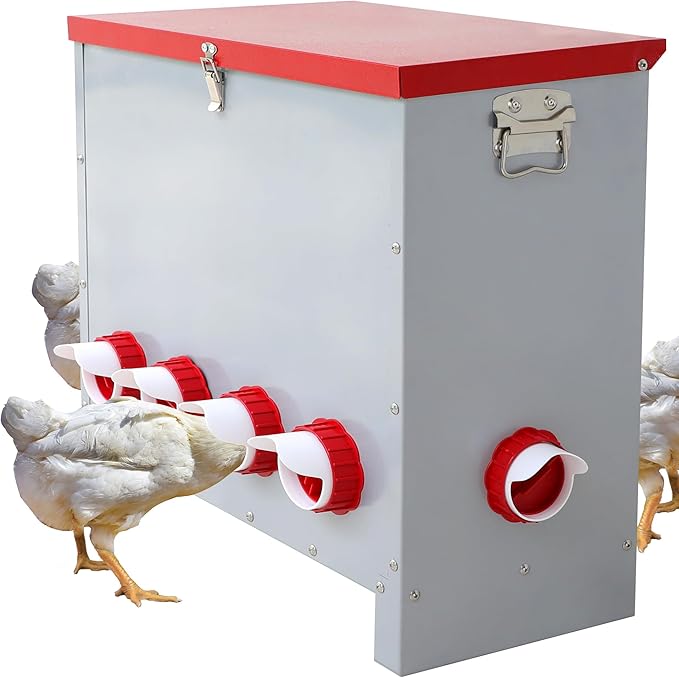 Large 85LB Automatic Chicken Feeder No Waste, Rat Proof Metal Poultry Feeder with 8 Feeding Ports, Rust-Proof Galvanized Steel Auto Chicken Feeder with Locking Lid for Chickens, Geese, Duck & Poultry