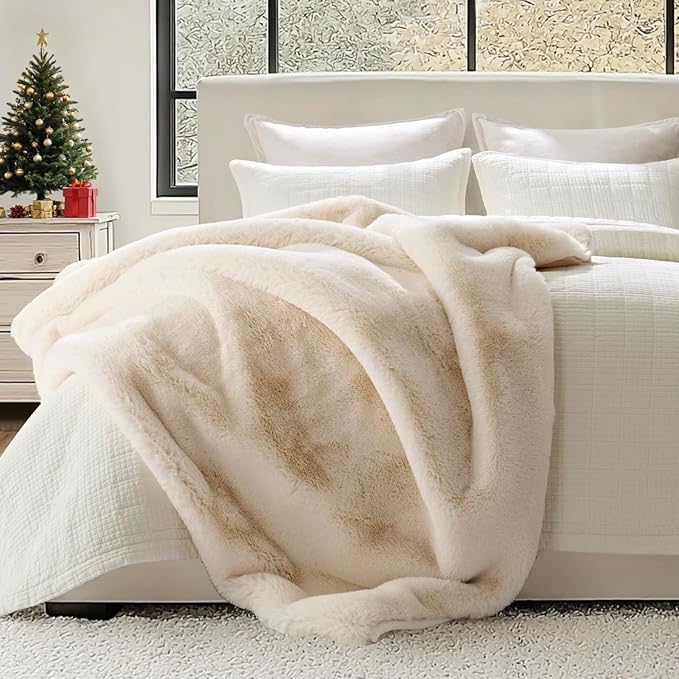 EVERGRACEHOME Luxury Soft Faux Chinchilla Fur Throw Blanket for Couch, Warm Thick Heavy Winter Throw Blanket 1220GSM for Bed, Fluffy Cozy Mink Blanket with Reversible Velvet, Arctic White, 50"x60"
