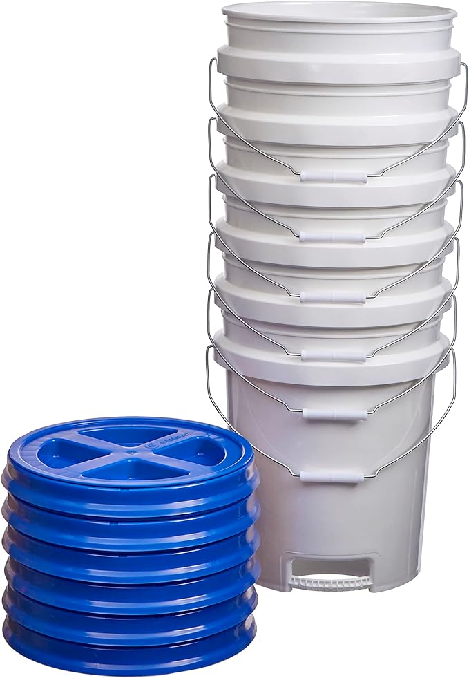 Consolidated Plastics 5 Gallon White Food Grade Buckets with Bottom Grip Handle & Gamma Seal Lids, BPA Free Container Storage, Durable HDPE Pails, Made in USA (6 Pack, Blue Lids)