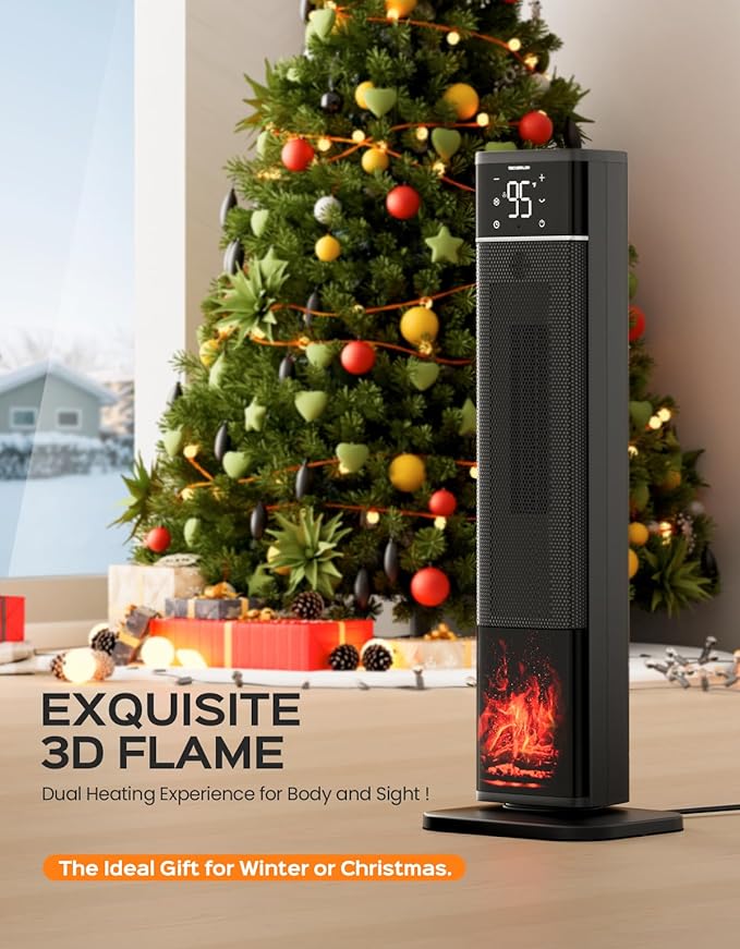 32.3" Portable Space Heaters for Indoor Use Large Room, 1500W Tower Electric Space Heater with 3D Flame, PTC Ceramic Space Heaters with Remote (Black, 33-inch)