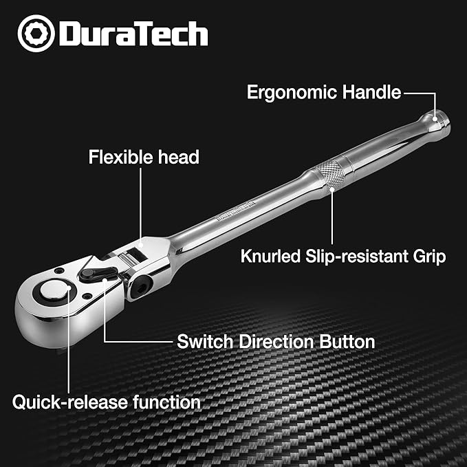 DURATECH 1/2" Drive Flex-Head Ratchet, 72-Tooth Ratchet Wrench, Quick-release, Reversible Switch, Full-Polished Chrome Plating, Alloy Steel