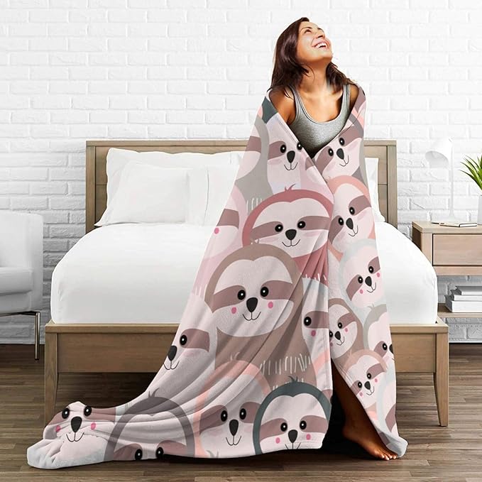 Soft Cozy Pink Sloth Flannel Fleece Throw Blanket - Fluffy Warm Animal Plush Bedding Stuff Decor - Sloth Gifts for Lover Girls Boys Kids Women Adults - Bed Travel 50"x60"