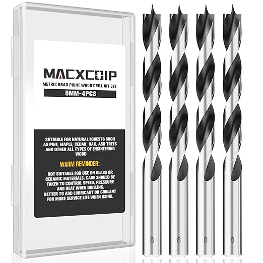 8MM Metric Brad Point Wood Drill Bit Set, 4Pcs Drill Bit Set with Double Flutes Design for Carpenter Woodworking and All Types of Wood