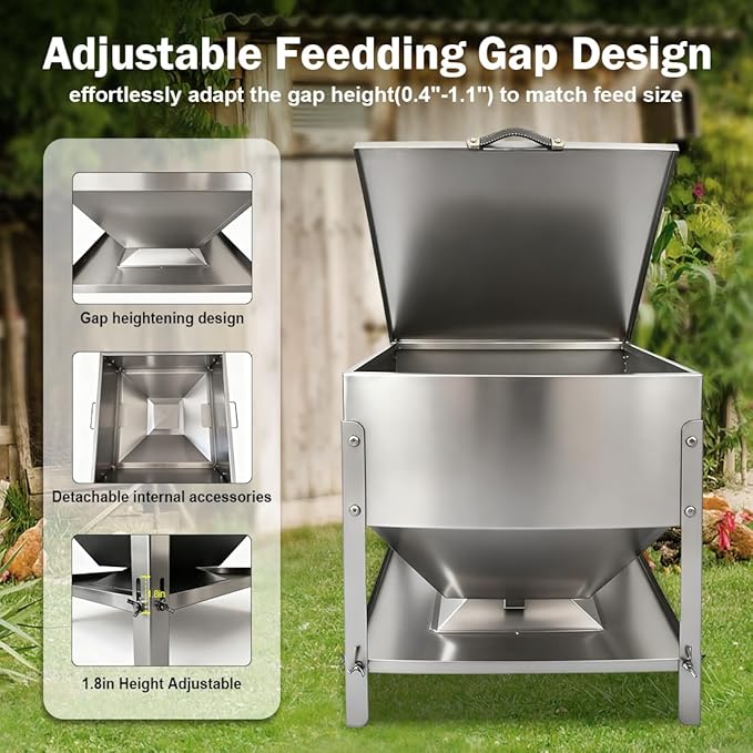 Stainless Steel Chicken Feeder No Waste, Large Capacity Poultry Feeder, Adjustable Metal Chicken Coop Feeder with Lid and Handle