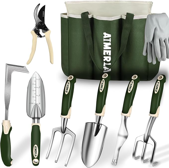 Aimerla Gardening Tools Set of 9 Heavy Duty Garden Tools with Non-Slip Rubber Grip with Large Garden Bag for Tools Durable Hand Tools for Gardening, Weeding,Gardening Gifts for Women,Men (Dark Green)