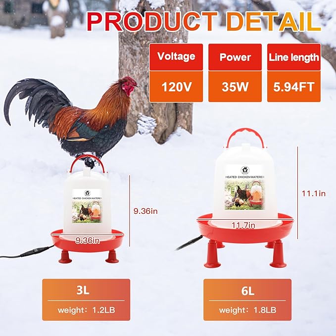 2Pack Chicken Waterer Heated for Winter 3L & 6L Chicken Water Heater with Adjustable Leg Support 35W BPA-Free Heated Poultry Waterer Heavy Duty All in One Heated Waterer for Chicken Coop
