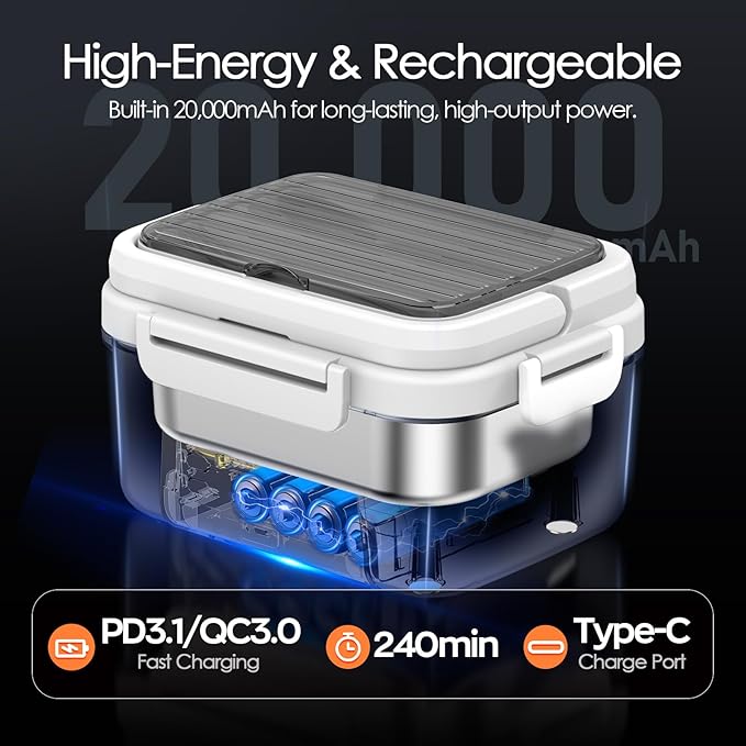 Cordless Electric Lunch Box, 6.3 Cup 100W Heated Lunch Box with 20000mAH Battery Powered for Self Heating, Including Fork Spoon and Insulated Bag for Men Women Adults, BPA Free(Black+White)