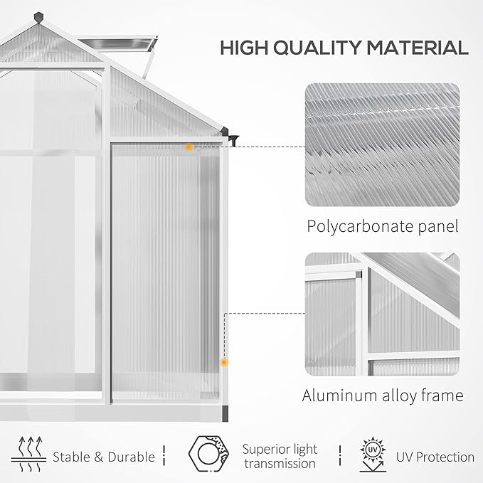 Outsunny 4' x 6' Greenhouse for Outdoors, Polycarbonate Greenhouse with Rain Gutter and Roof Vent, Aluminum Walk-in Green Houses for Outside Patio Backyard Garden