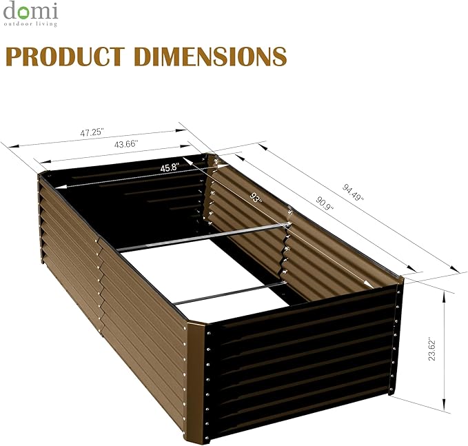 Domi 8x4x2ft Metal Raised Garden Beds Outdoor, Thickened Galvanized Steel Deep Root Planter Box with Stabilizing Bars & Rubber Edging for Vegetables, Flowers, Herbs - Brown