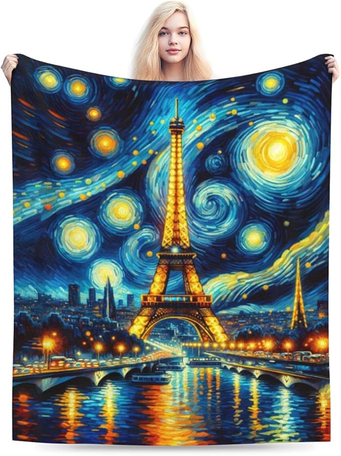Eiffel Tower Blanket Starry Night Throw Blanket Soft Warm Cozy Fuzzy Plush Paris Throw Blanket Gifts for Girls Women Eiffel Tower Stuff Lightweight Fleece Flannel Gift Blankets for Kids Adults 50"X60"