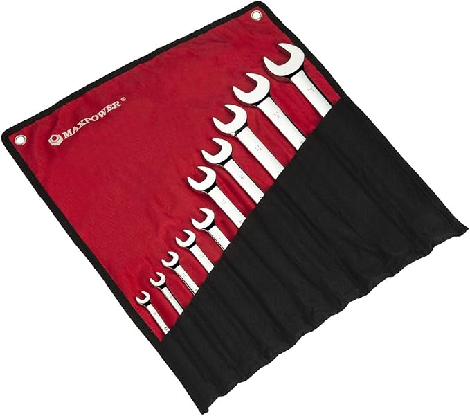 MAXPOWER 10PCS Metric Combination Wrench Set, Professional Open and Box End Spanners with Mirror Finish, Made with Forged and Heat-Treated Cr-V Steel, 12-Point Design, Size Includes 8mm - 27mm