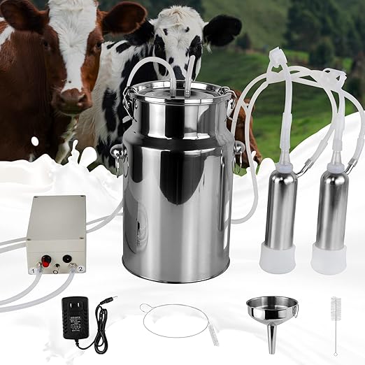 2025 Upgrade 7L Cow Milking Machine, Continuously Adjustable Suction Pulsation Vacuum Electric Milker, Portable Livstock Milking Machine with Stainless Bucket(US Plug)(7L Cow)
