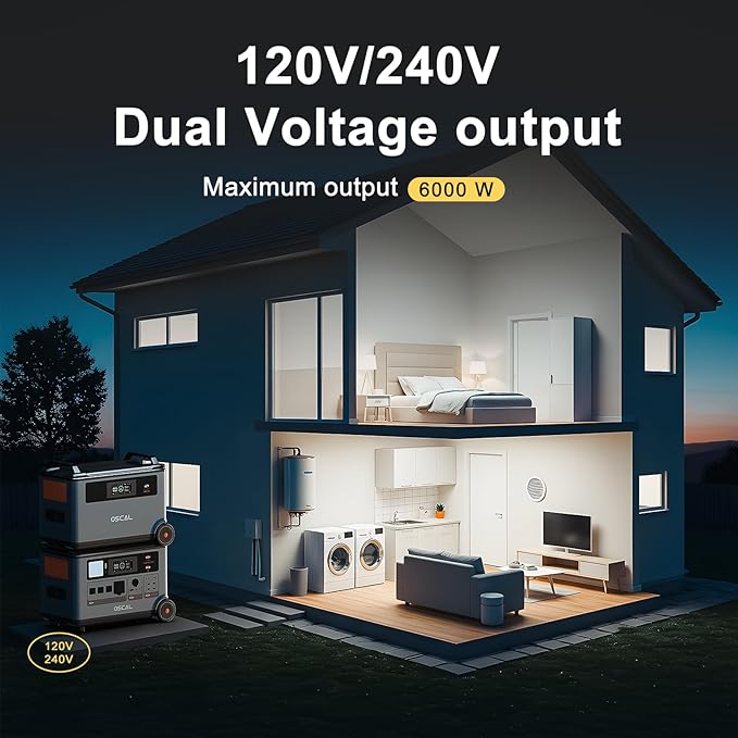OSCAL PowerMax 6000 Solar Generator with 400W Solar Panel, 120V/240V Portable Power Station 6000W AC Outlets (9000W Peak), 2200W AC Charging/2400W Solar Charging, Emergency for Home, Battery Backup