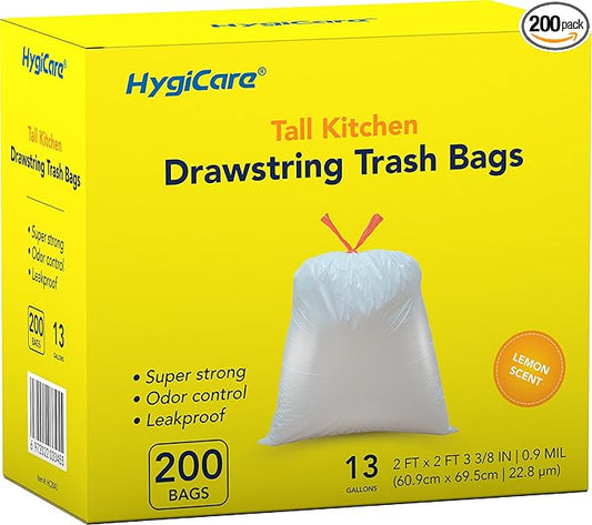 13 Gallon Tall Kichen Trash Bags, Lemon Scented 200 Count Drawstring Garbage Bags, Pre-Separated, Odor Control, Ultra Strong, Leakproof, Sturdy, White