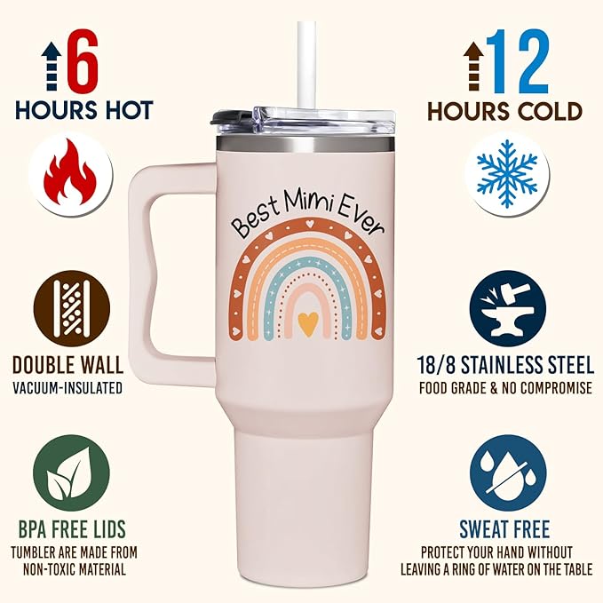 Best Mimi Ever Gifts - Mimi Gifts from Grandchildren - Mothers Day, Christmas, Birthday Gift for Grandma - 40Oz Tumbler with Handle for New Grandma