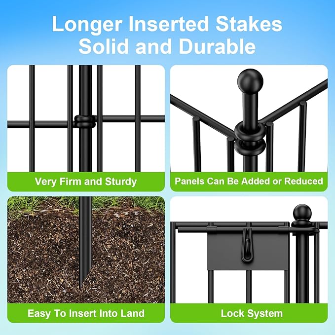 Land Guard 20-Panels No Dig Decorative Fence 40 in(H) x 50 ft(L), Tall Garden Fence Animal Barrier, Removable Fence for Garden, Rustproof Metal Animal Barrier Ground Stakes Fencing