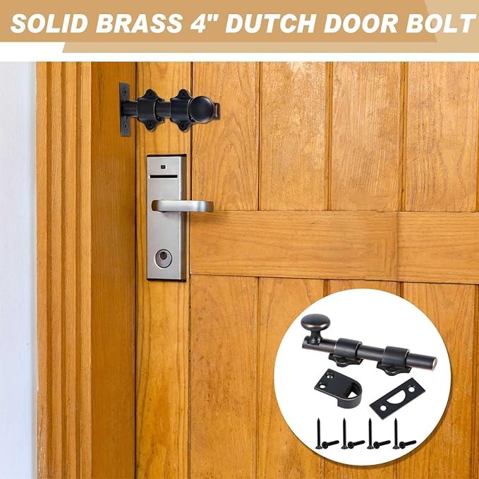 Tandefio Cane Bolt for Gate Heavy Duty Solid Brass Slide Dutch Door Bolt Latch Oil Rubbed Bronze Hardware Locks Attic Latch for Dutch Sliding Barn Door Wooden Fence Metal Gate, Bronze(4 Inch,Brass)