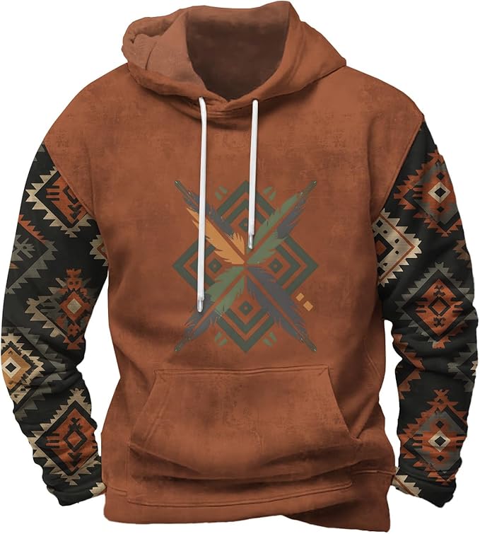 Mens Hooded Sweatshirt Vintage American Element Long Sleeve Fall Hoodie Classic Drawstring Front Pocket Pullover