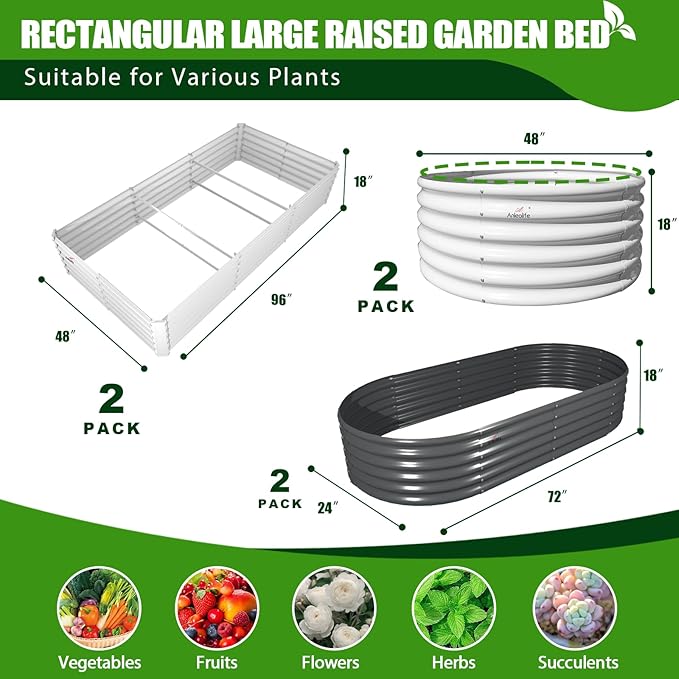 ANLEOLIFE 6-Pack Galvanized Deep Root Raised Garden Beds - 4X4ft & 8X4ft & 6X2ft Sizes - Outdoor for Vegetables, Flowers, Herbs