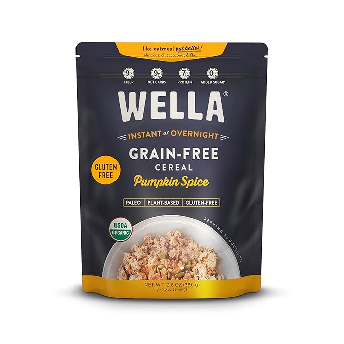 Wella Cereal Oatmeal Alternative, Gluten-Free Breakfast Hot Cereal, Grain-Free Paleo Organic Vegan High Protein Superfood, Plant-Based Non-GMO, Low in Net Carbs, Multi-Serve Bag, Pumpkin Spice Flavor (1 Count, 12.8 oz. Bag)