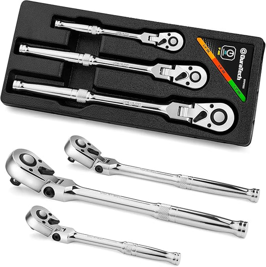 DURATECH 3-Piece Flex-Head Ratchet Set, 1/4", 3/8", 1/2" Drive Ratchet, 72-Tooth with Quick-Release Reversible Design, Chrome Alloy Made, Fully Polished, Organized in Storage Case