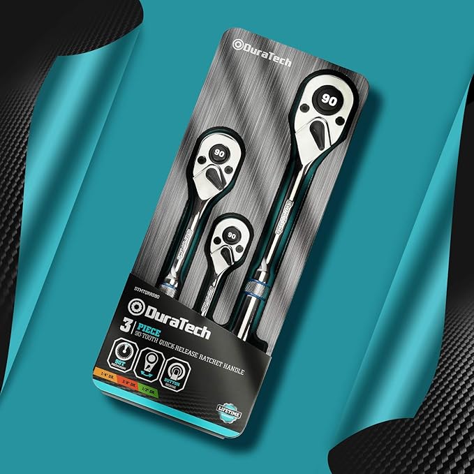 DURATECH 3-Piece Drive Ratchet, 1/4", 3/8", 1/2" 90-Tooth Quick-release Ratchet Wrench, Reversible, Chrome Alloy Made, Full Polished, Mens Stocking Stuffers Gifts for Men Gifts for Women Gifts for Dad