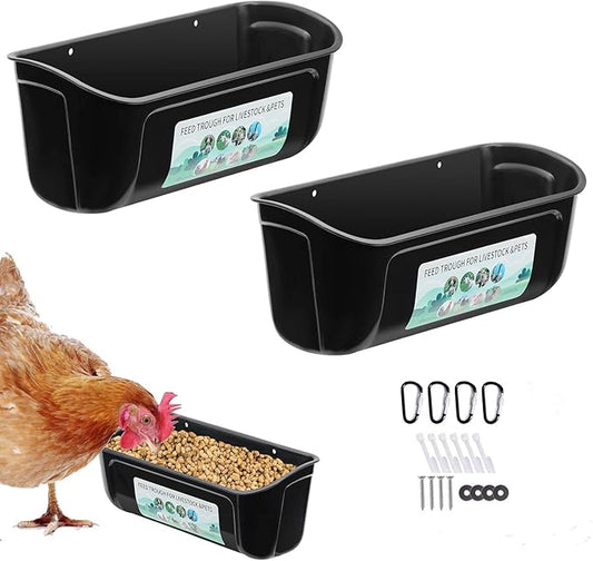 2 Pack Chicken Duck Dog Feeder, Poultry Feeders and Waterers, Hanging Goat Feeder, Livestock Feeding Container, Feed Trough and Waterer Bucket with Clips (Black)