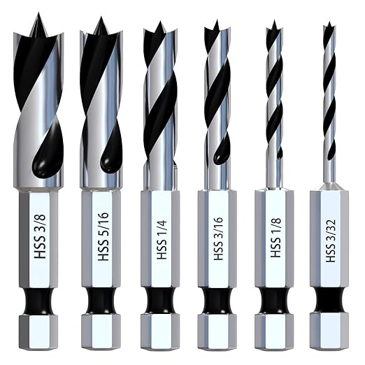 Stubby Brad Point Wood Drill Bit Set, 6pcs Hex Shank Short Length Drill Bit Set with Double Flutes Design for Carpenter Woodworking and All Types of Wood (3/32" - 3/8")